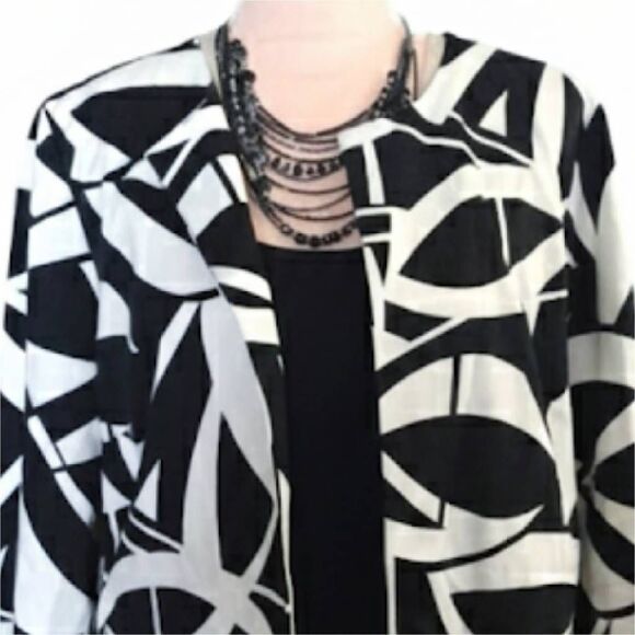 Chico's Black White Geo Print Open Front Quarter Sleeve Cotton Stretch Jacket L - Picture 2 of 13